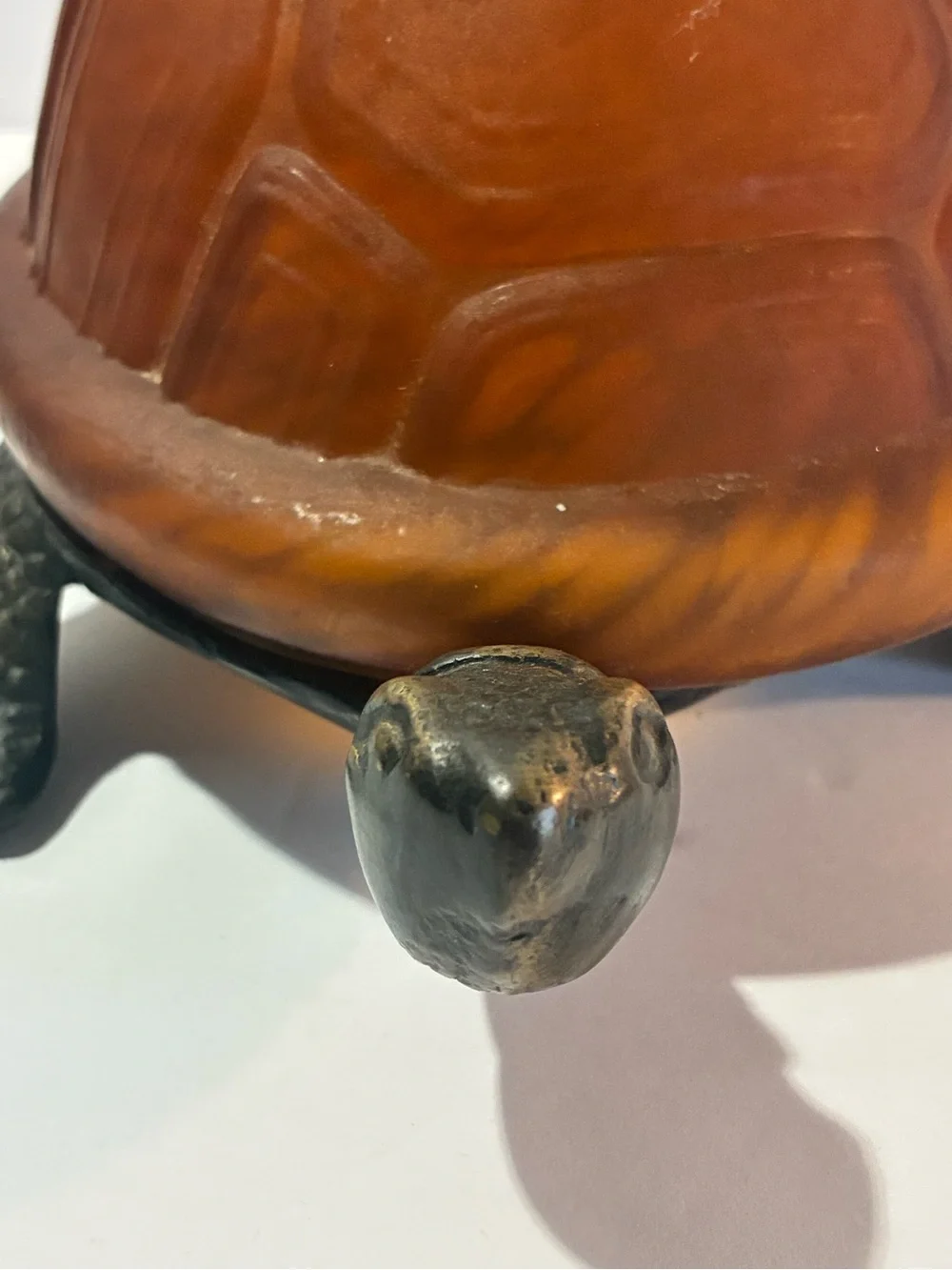Vintage Amber Glass Turtle Lamp Bronze Tone Cast Metal 8.5